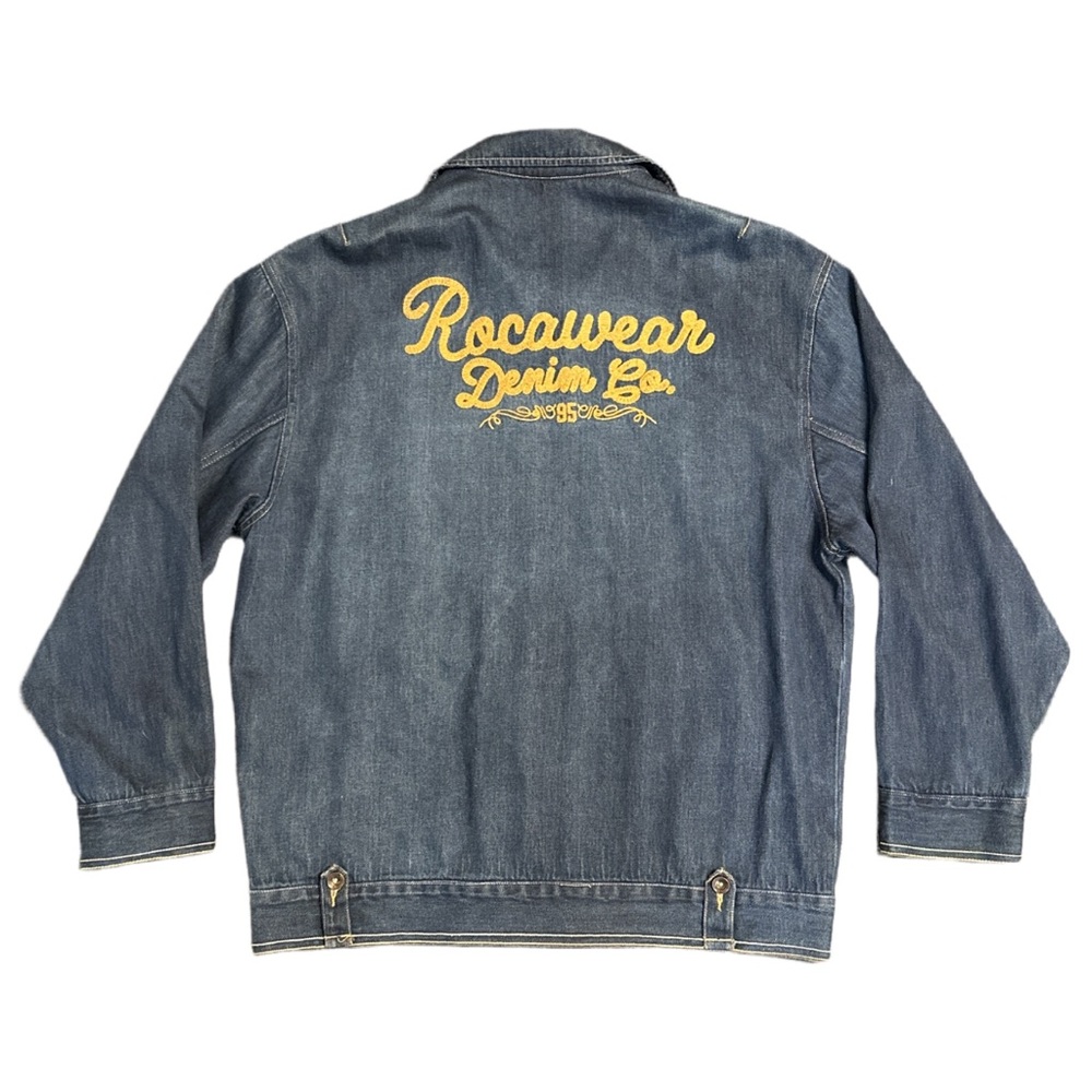 Y2K ROCAWEAR men's embroidered raw denim jacket, 2XL.